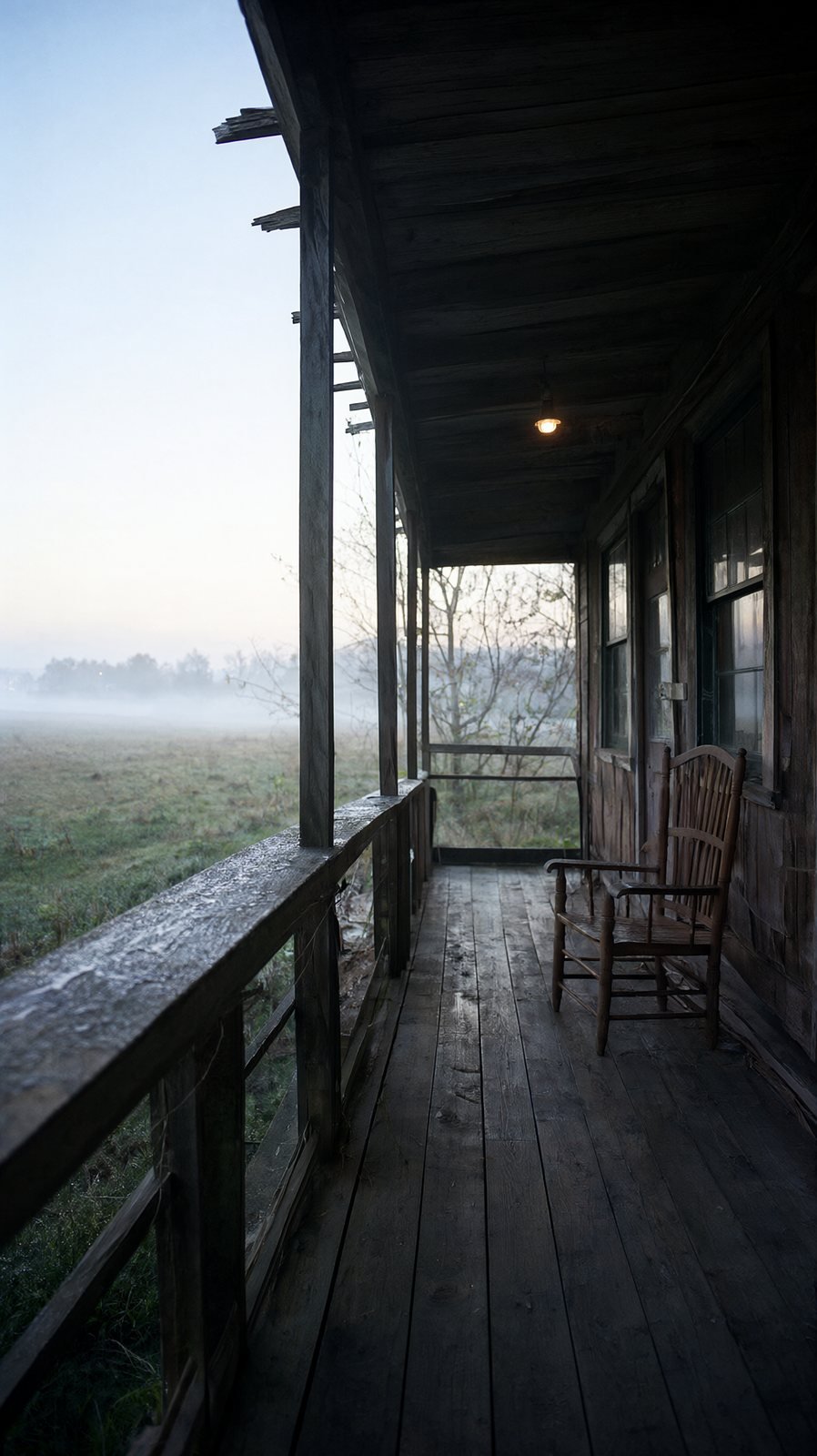 A covered farmhouse porch at first light